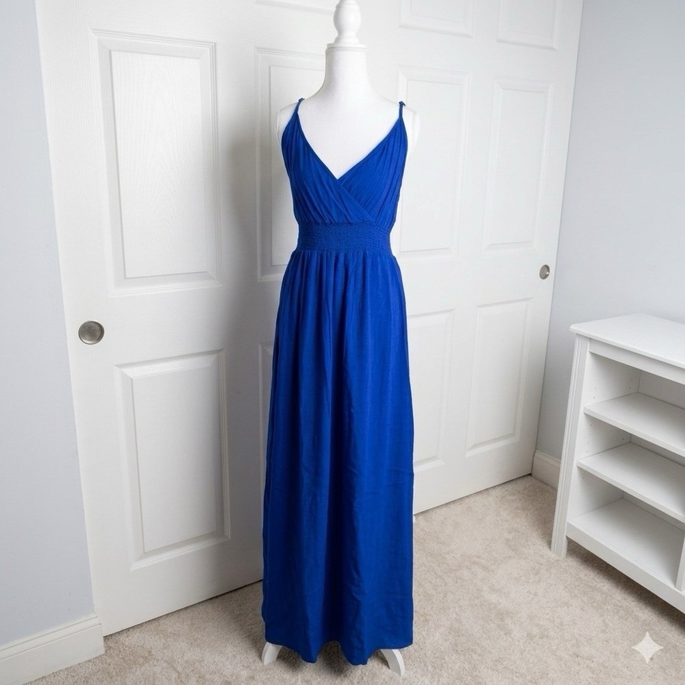 West Kei Maxi‎ Dress Womens Small Cobalt Blue Smocked Waist V-Neck Sleeveless